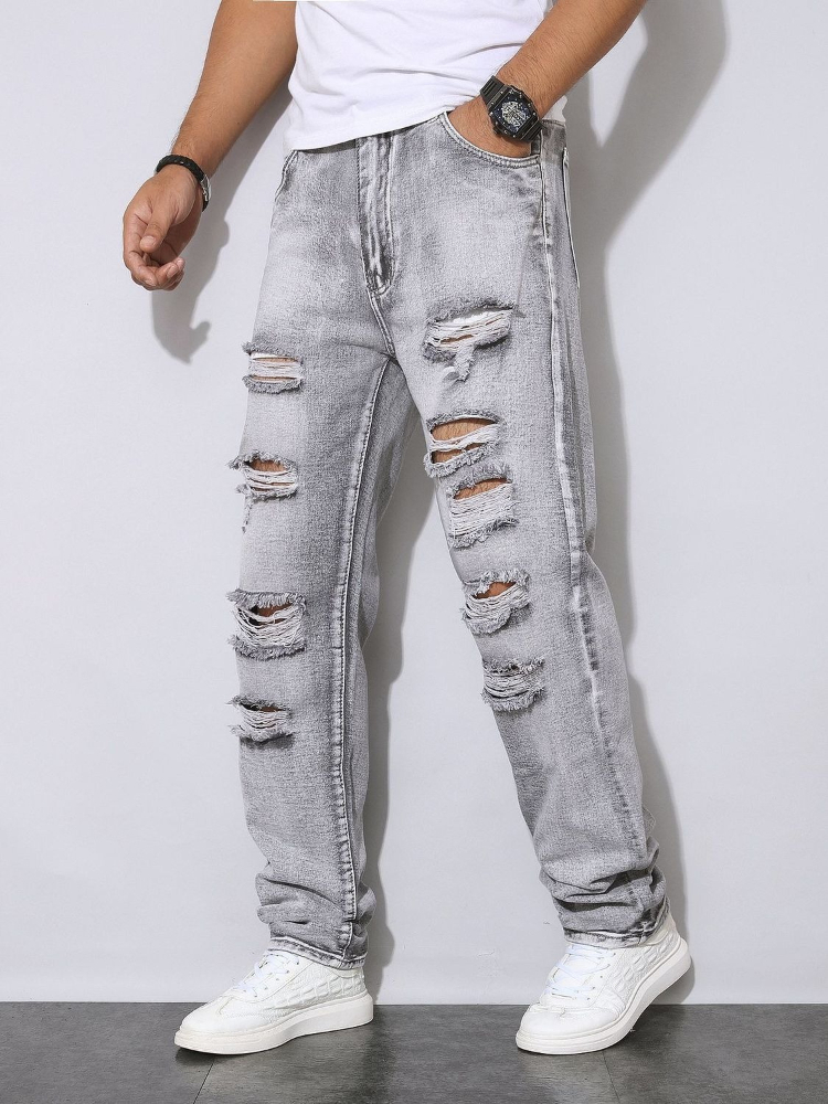 Mens Autumn Winter Distressed  - Men'S Fashion Grey Jeans 评论和价格