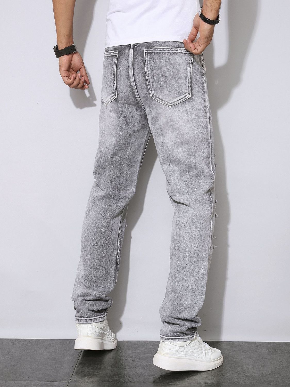 Mens Autumn Winter Distressed  - Men'S Fashion Grey Jeans 评论和价格