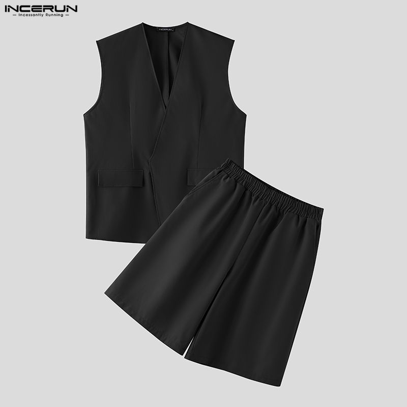 INCERUN Men Sets Solid Color V - Mens Fashion Streetwear 评论和价格